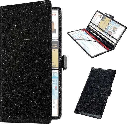 RSAquar Car Registration and Insurance Holder, Vehicle Glove Box Organizer Cool Car Accessories, Auto Truck Document Holder for Cards, Driver License, Black Glitter