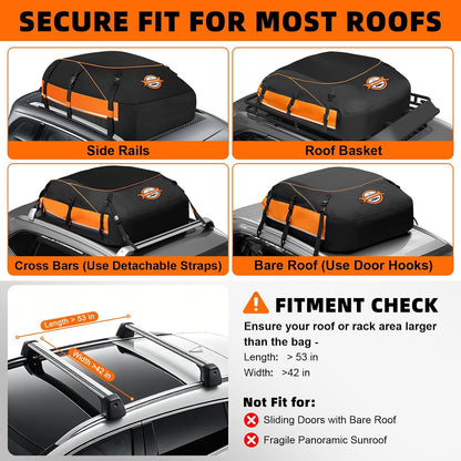 Sailnovo Aerodynamic Rooftop Cargo Carrier Bag, 15 Cubic Feet Waterproof Car Top Carrier for All Vehicles with/Without Racks, Holds Luggage for 2-4, Includes Anti-Slip Mat, Storage Bag, Luggage Lock