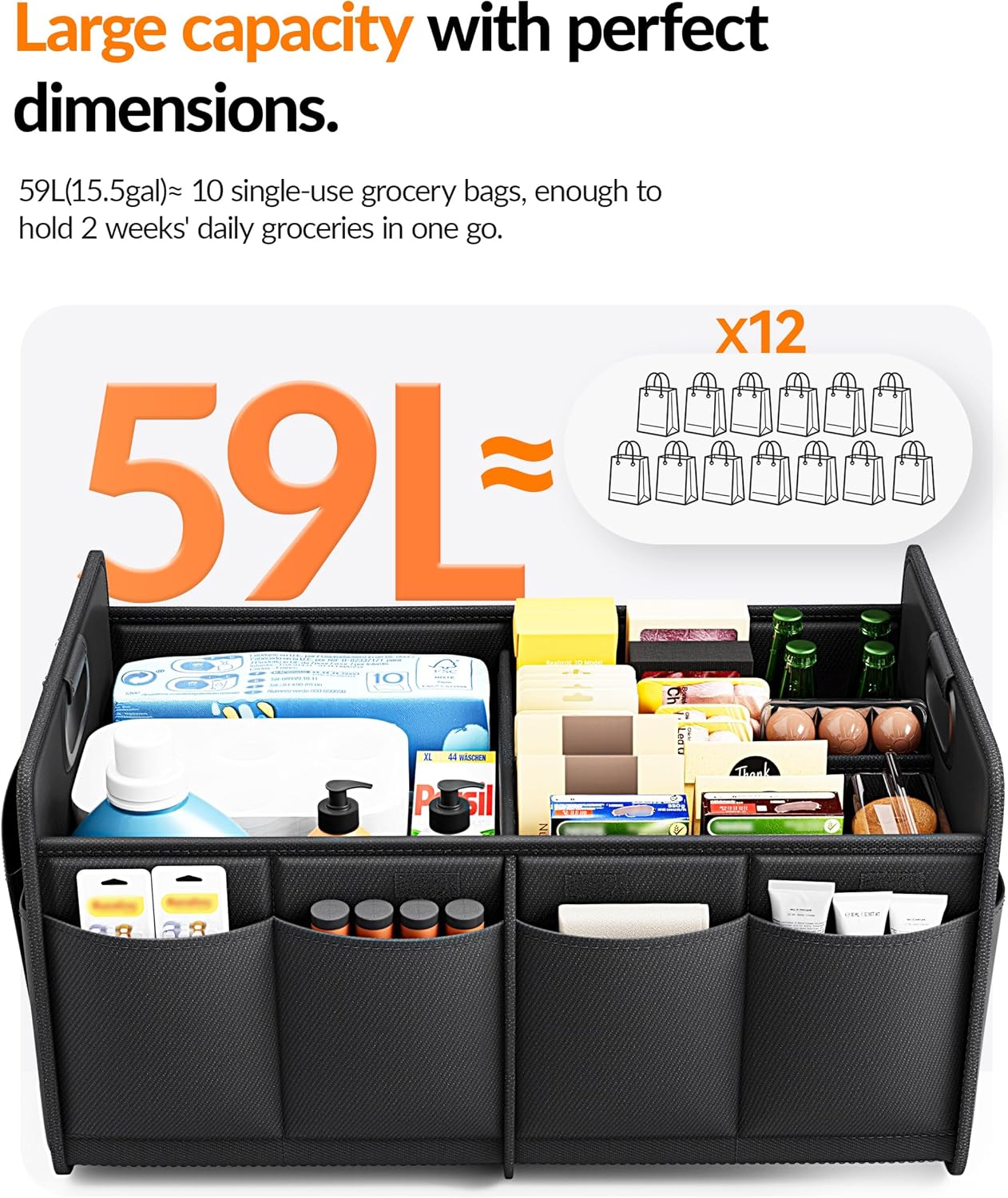 Homeve Car Trunk Organizer for SUV, 18.5Gal Large Capacity No-Sag Heavy Duty, Foldable Waterproof Anti-Slip Storage with 12 Pockets, Fit Sedan,Truck, Universal Car Accessories, Black, Large, 2 Compart