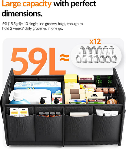 Homeve Car Trunk Organizer for SUV, 18.5Gal Large Capacity No-Sag Heavy Duty, Foldable Waterproof Anti-Slip Storage with 12 Pockets, Fit Sedan,Truck, Universal Car Accessories, Black, Large, 2 Compart