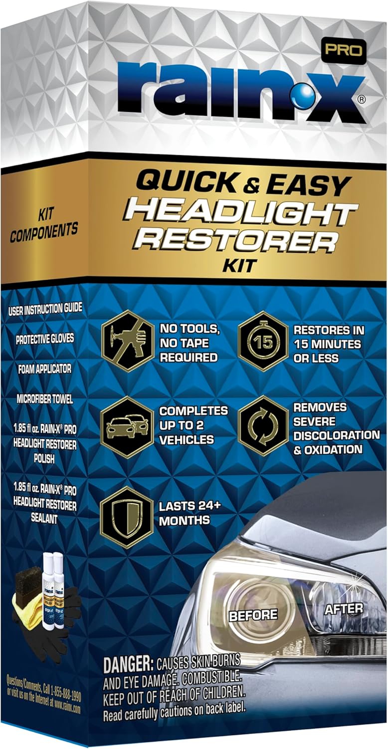 Rain-X 610153 Headlight Restoration Kit - Car Light Lens Cleaner/Restorer with Sanding & Polishing Drill Attachments & Sealant Wipe, Removes Scratches & Oxidation- All in 1 Long Lasting Formula