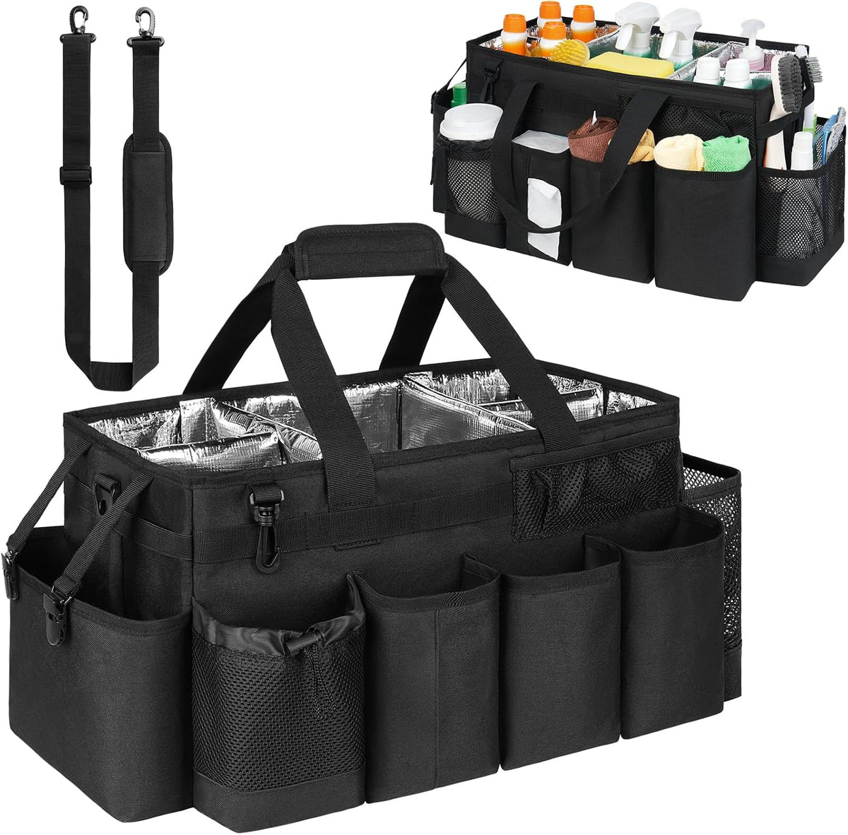 Cleaning Caddy Bag, Cleaning Supplies Organizer for Housekeepers, Housekeeping Caddy with Handle and Detachable Padded Cushion, Black