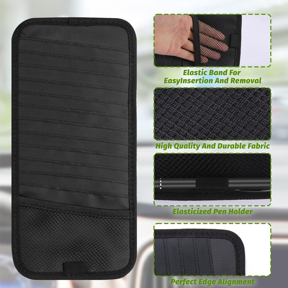 CD Visor Holder for Car, Large Capacity CD & DVD Visor Case, Vehicle Visor Storage Organizer with 12 Disc Sleeves, 1 Mesh Pocket 1 Pen Holder and & Elastic Band (Black)