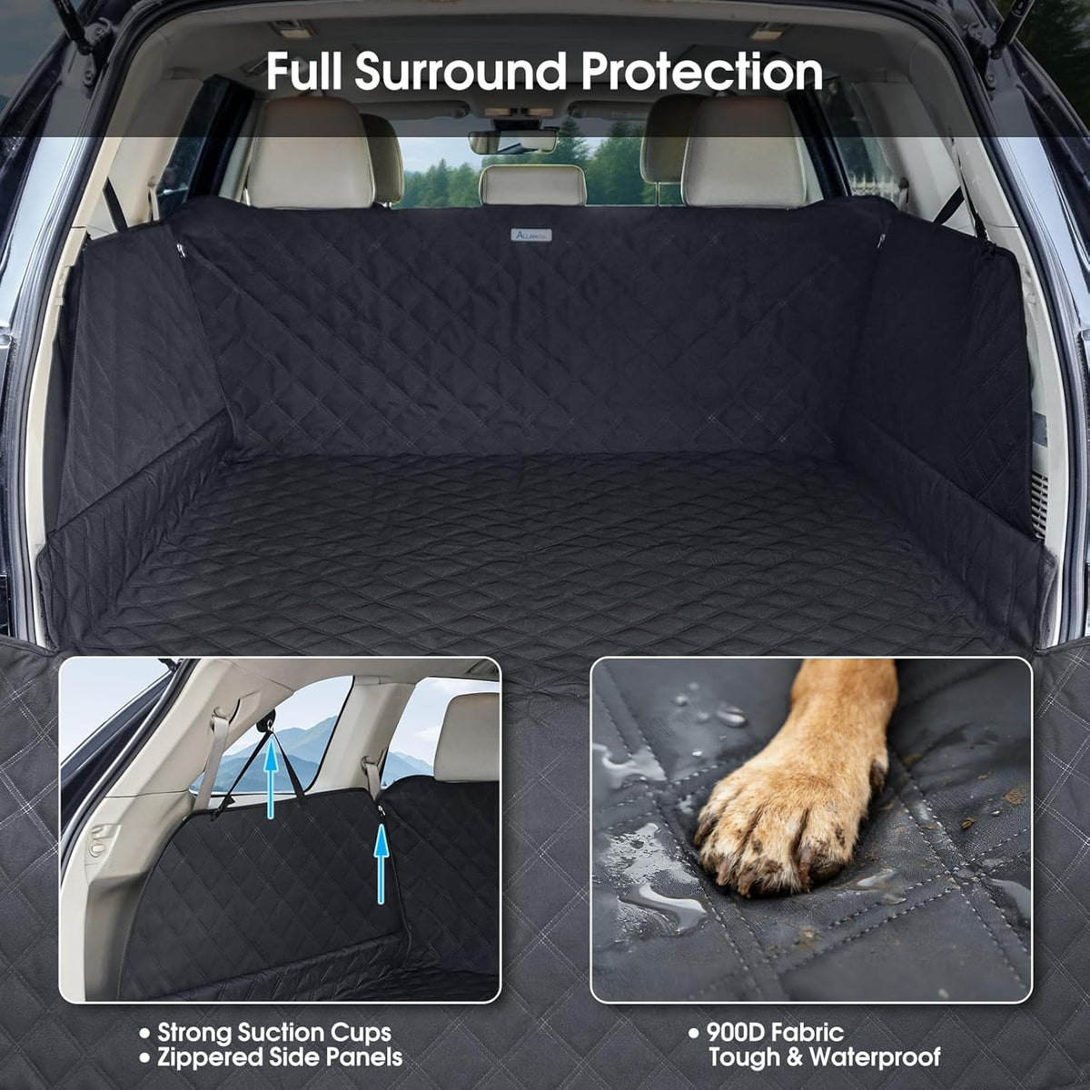 ALLANSING SUV Cargo Liner for Dogs - Heavy-Duty 900D Oxford Waterproof Pet Cargo Protector with 3-Sided Zippered All-Round Protection & TPU Suction Cups, Fits Compact SUVs