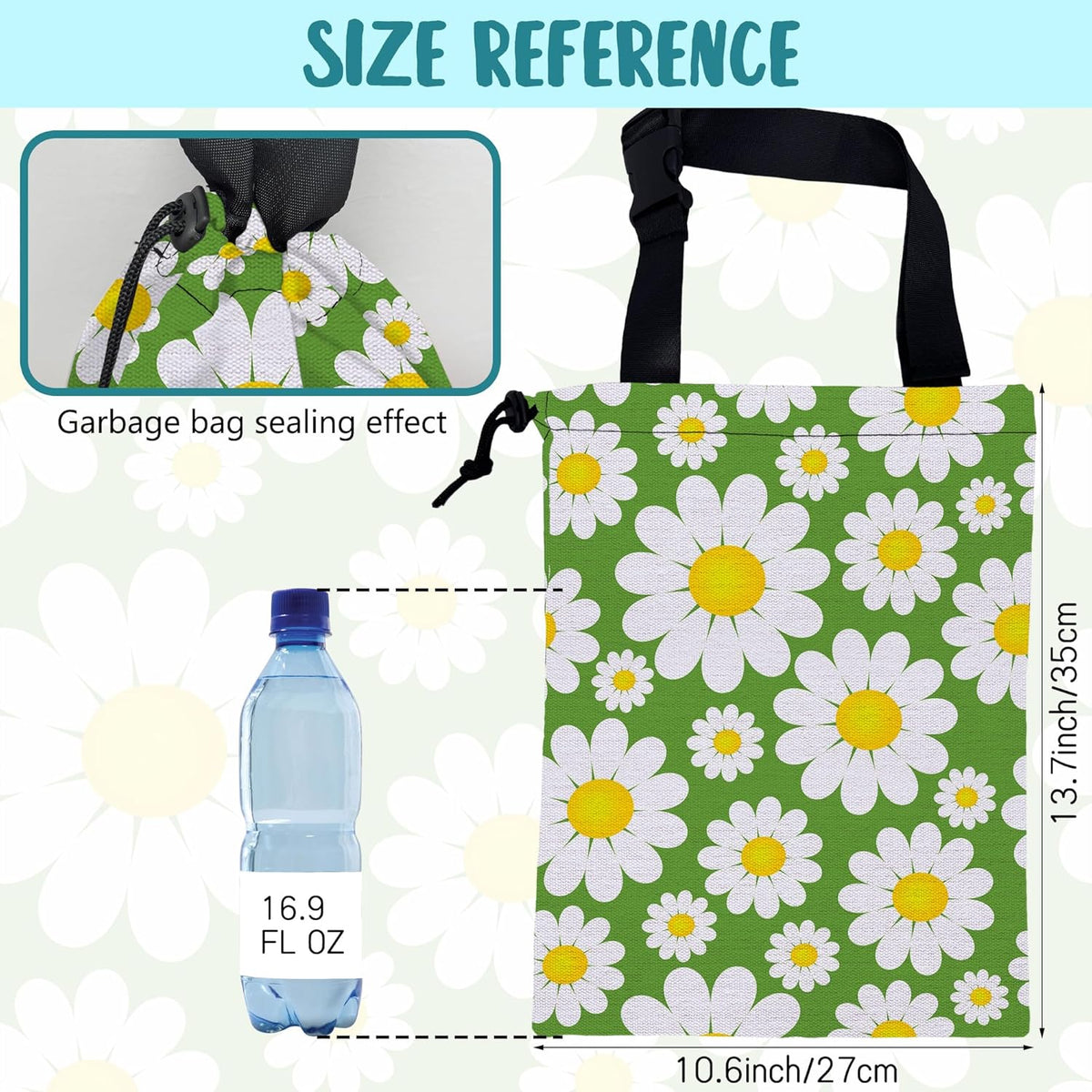 Car Garbage Bag Colorful Floral Spring Daisy Drawstring Car Trash Bag Hanging for Back Seat with Adjustable Buckle Canvas Vehicle Trash Can Easy-to-Install