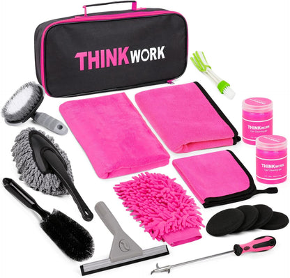 THINKWORK Car Cleaning Kit, Car Detailing Kit Interior Cleaner with High Power Handheld Vacuum, 10Pcs Detailing Brush and Storage Bag, Gray Auto Interior Cleaning Kit for Men