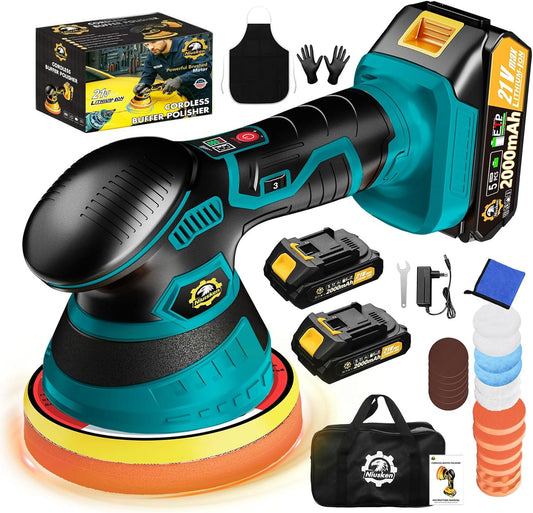 Cordless Car Buffer Polisher kit [2x 2000mAh 21V Batteries & 18 PCS Attachments] 6-Speed Orbital Design, LED Display, Lightweight Detailing Tool for Waxing, Polishing & Scratch Removal-Yellow