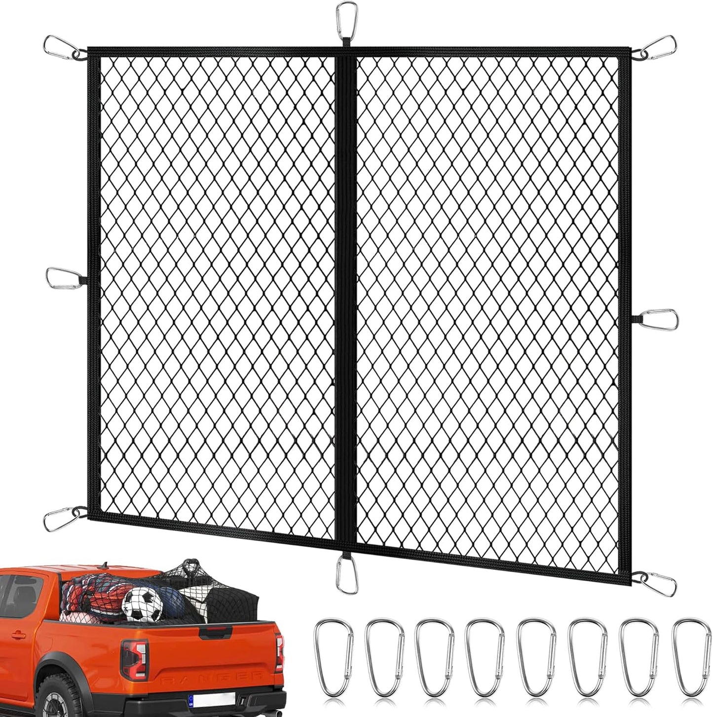 Cargo Net for Pickup Truck Bed 4'×4' Stretches to 7'×7', Highly Elastic Truck Bed Net with Fine Mesh & 8 Strong Metal Carabiners, Easy to Install Cargo Netting for Vehicles, Trailers, Boats