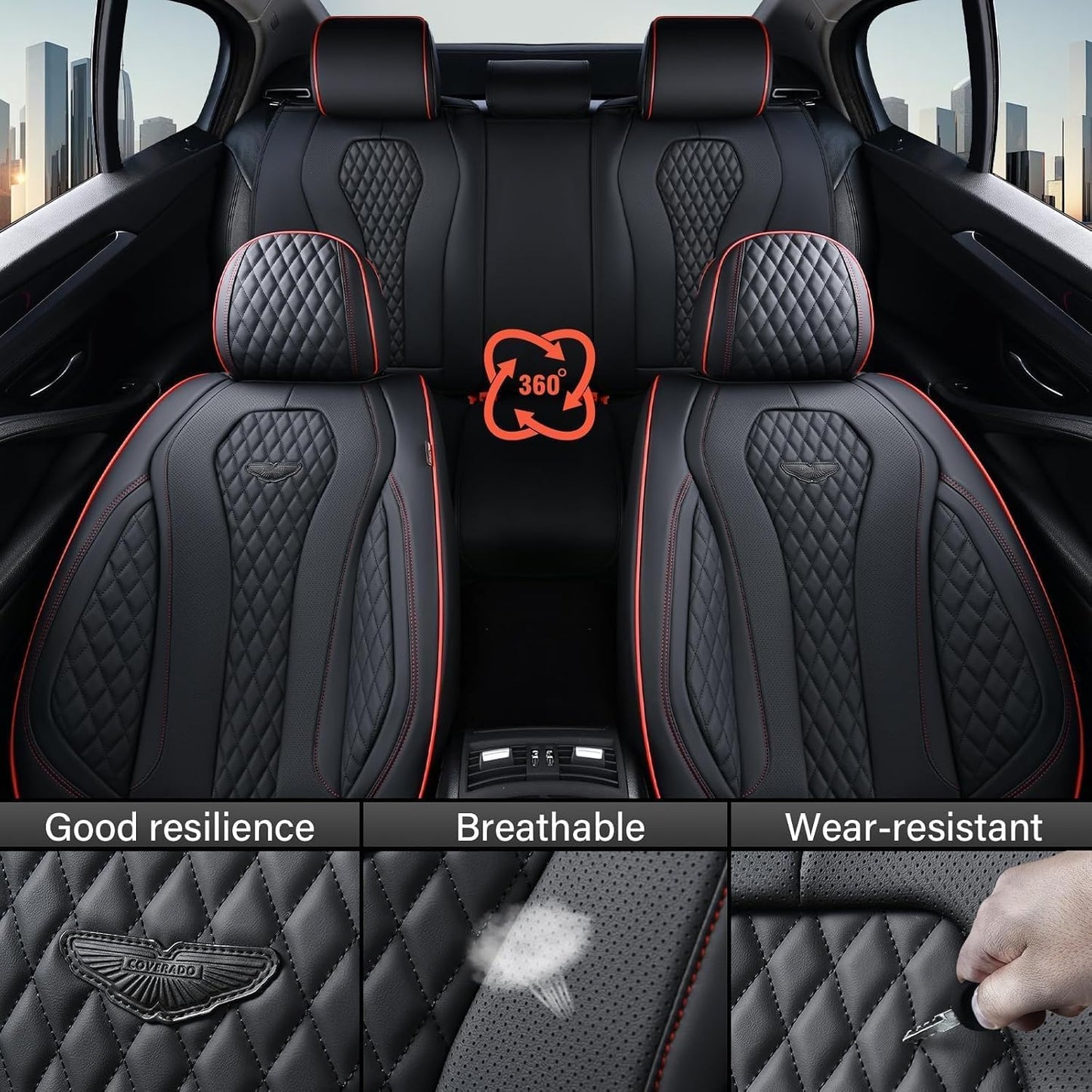 Coverado Seat Covers, Car Seat Covers Full Set, Black Car Seat Cover, Car Seat Covers Front Seats Back Seat Cover, Waterproof Car Seat Cushion, Leather Seat Covers Seat Protector Fit for Most Cars