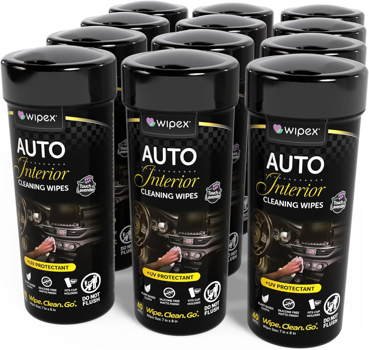 Wipex Auto Interior Car Cleaning Wipes - Plant Based Car Wipes - Lavender Essence, Safe for Vinyl, Rubber, Plastic, Leather, Chrome, Non-Greasy Matte Finish, UV Protectant, 40Ct Car Detailing Supplies