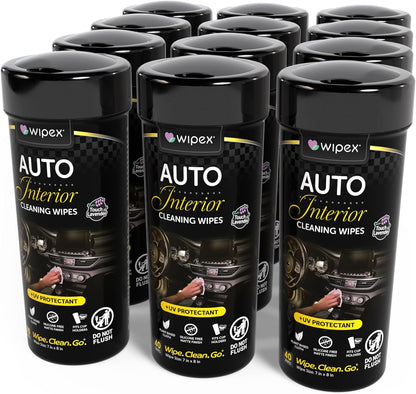 Wipex Auto Interior Car Cleaning Wipes - Plant Based Car Wipes - Lavender Essence, Safe for Vinyl, Rubber, Plastic, Leather, Chrome, Non-Greasy Matte Finish, UV Protectant, 40Ct Car Detailing Supplies