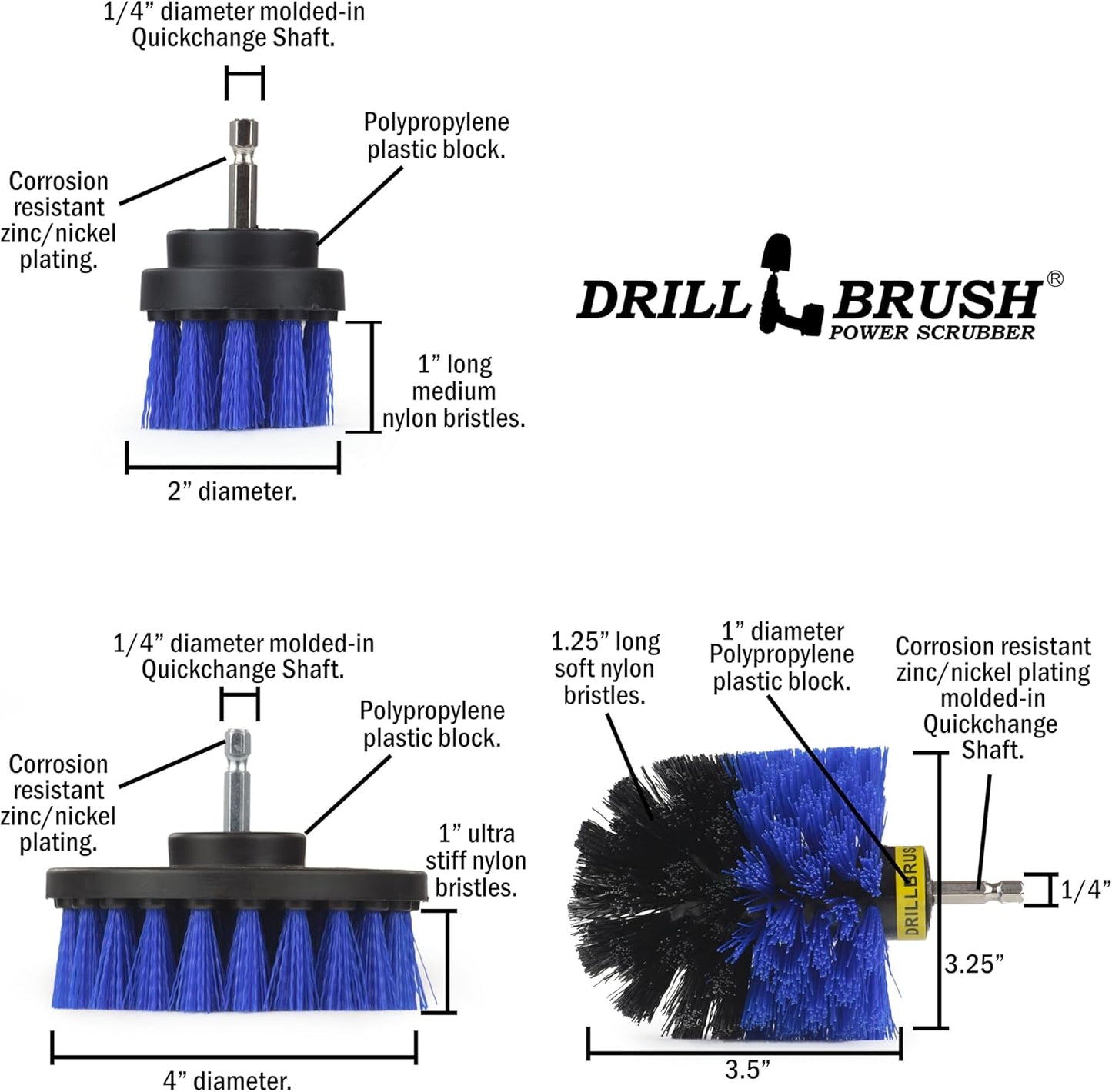 Drillbrush Car Detailing Kit | Drill Brush Set – Soft Bristle Power Scrubber Attachments for Cleaning Car Interior, Upholstery, Carpet, Seats, Wheels, Rims, Dash, Console, and Trim - Nylon Scrub Brush