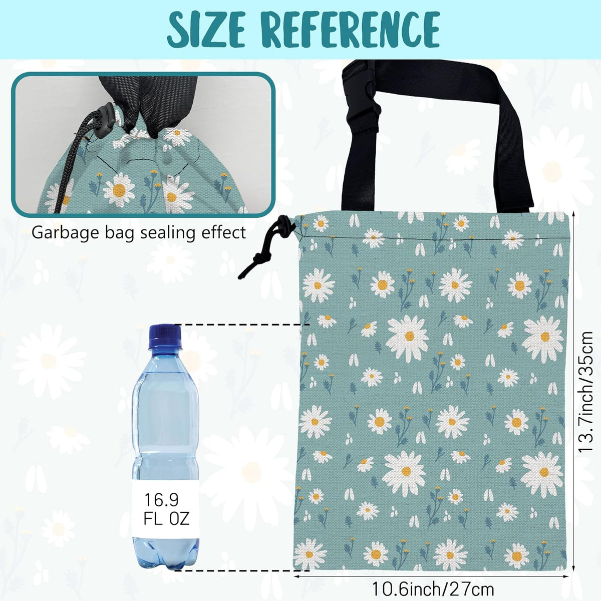 Car Garbage Bag Colorful Floral Spring Daisy Drawstring Car Trash Bag Hanging for Back Seat with Adjustable Buckle Canvas Vehicle Trash Can Easy-to-Install