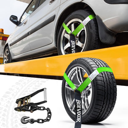 4 Pack Car Tie Down Straps for Trailers - 2" x 96" - 9900LBS Break Strength - Tire Ratchet Straps with Heavy Duty Chain Anchors for Hauling UTV, SUV, Truck, Any Cars