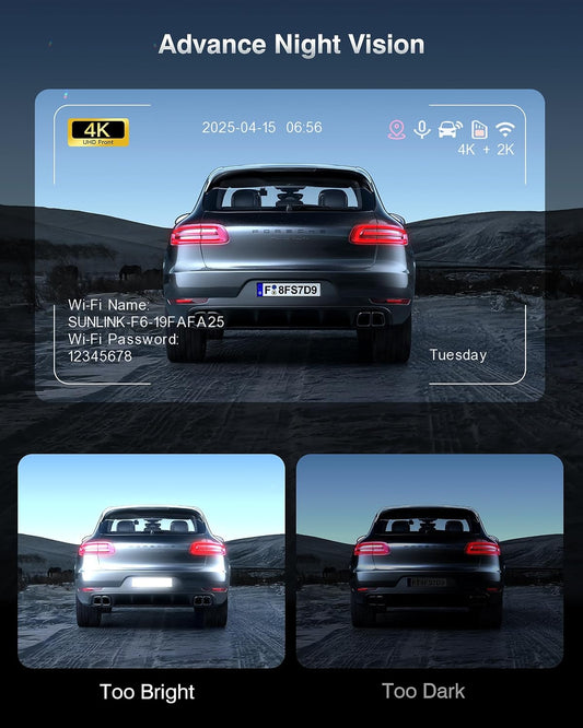 4K+2K+2K 3 Channel Dash Cam Front and Rear, 128GB Card Included, Dash Camera for Cars 5.8G/2.4G Dual Wifi, Built-in GPS, Night Vision, WDR, 170°Wide Angle, G-Sensor Emergency Lock, 24H Parking Monitor