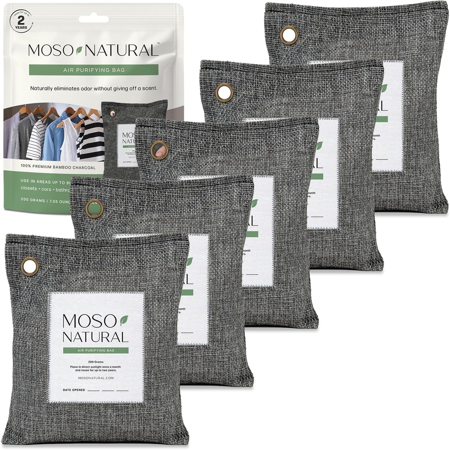 Moso Natural Air Purifying Bag 200g | HGTV Editor's Pick | Premium Bamboo Charcoal Odor Absorber for Home & Car | Closet Odor Eliminator & Car Air Freshener | Long Lasting Charcoal Bags Cover 90sqft