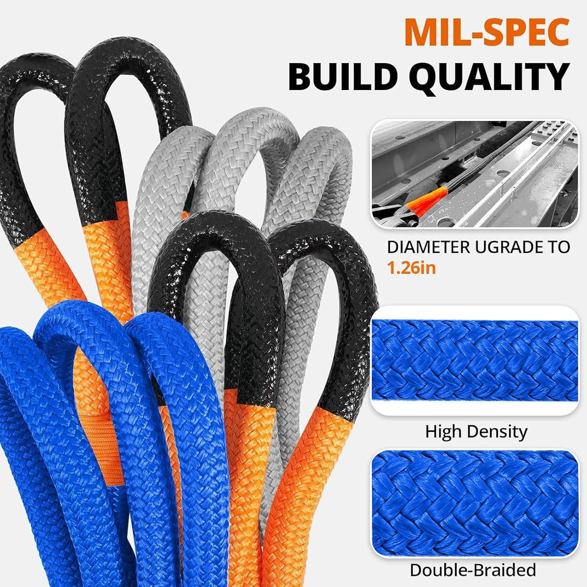 Kinetic Recovery Tow Rope: 1.26" x 30ft Snatch Strap with Soft Shackles Heavy Duty Offroad Towing Straps Kit for Trucks SUV UTV ATV Tractor Car Jeep - Black