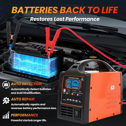 12V 24V Car Battery Charger Heavy Duty, 0-15A Automatic Battery Maintainer, Smart Trickle Charger with Repair & Winter Mode, Auto Shut-Off for AGM, Deep Cycle, Motorcycle, Truck, RV, Marine