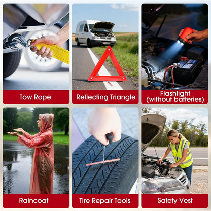 Roadside Car Emergency Kit, Winter Car Safety Kit with 10FT Jumper Cables, Tow Strap, Tool Kit, Reflective Warning Triangle, Road Trip Essentials, for New Drivers, Teens