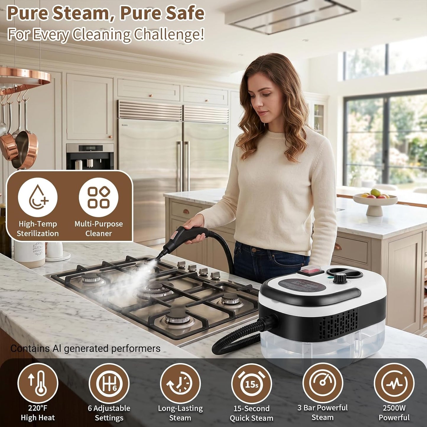 Steam Cleaner Handheld High Pressure, Portable High Power Steam Cleaner, Handheld Steam Cleaner Cleaning Grout With Large Water Tank & 18 Accessories For Car Floor White