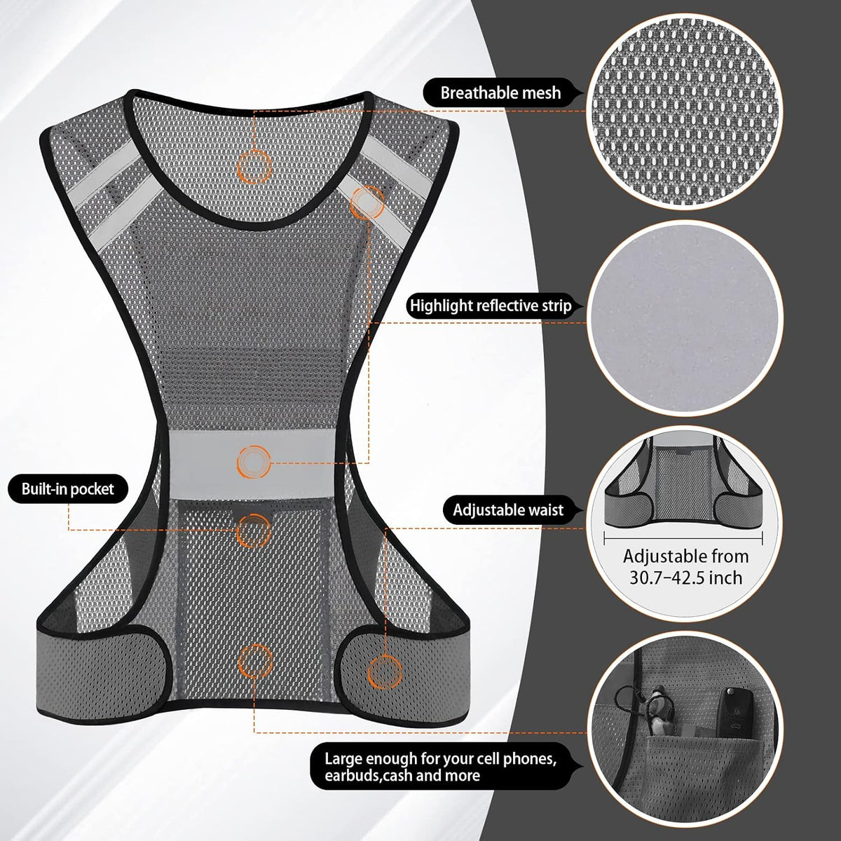 TCCFCCT Reflective Running Vest, High Visibility Running Gear with Large Pocket