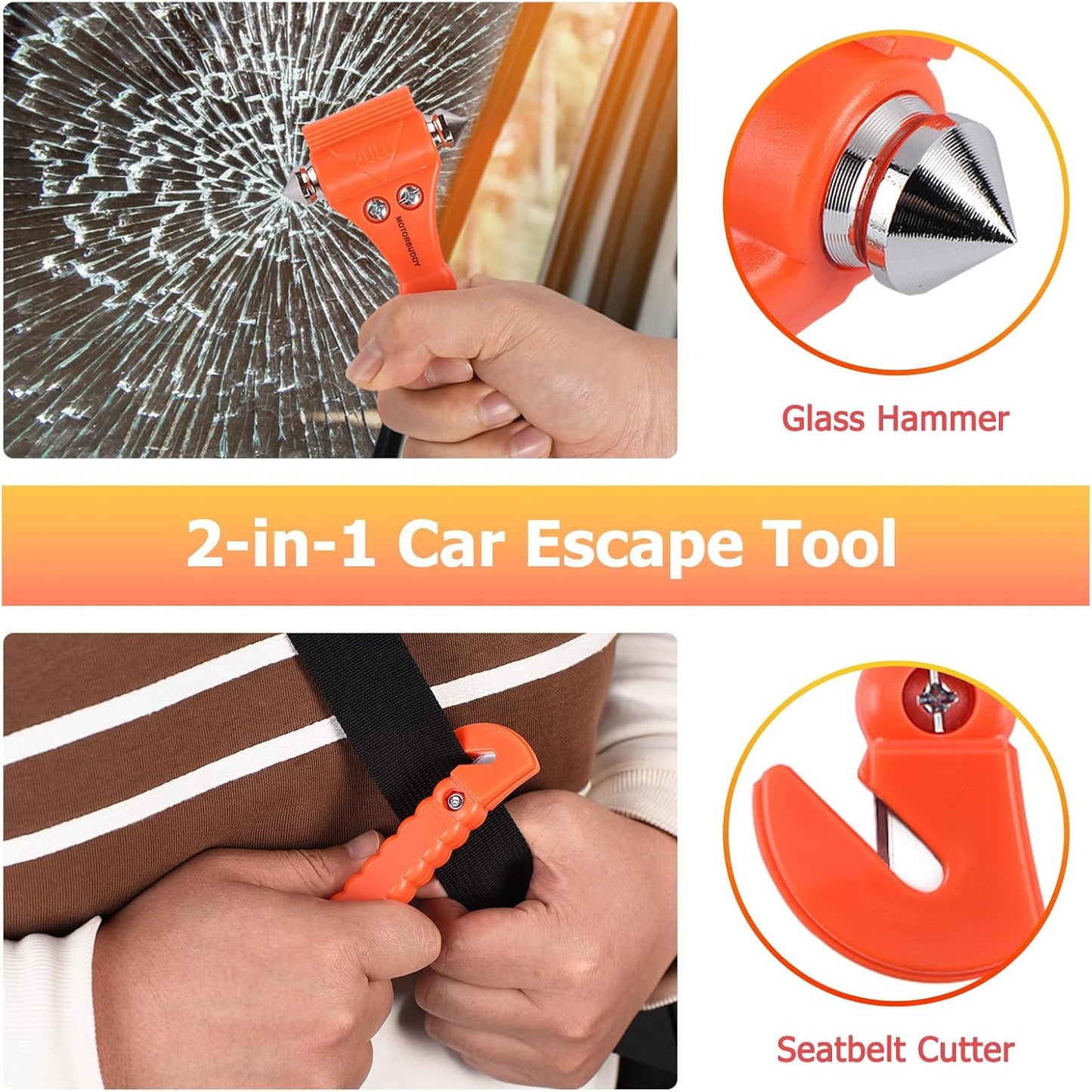 MOTORBUDDY 4-Pack Emergency Escape Hammer Seat Belt Cutter,Auto Car Safety Hammer with Window Glass Breaker，Escape Tool for Car Accidents