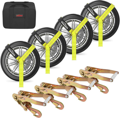 Heavy Duty Car Tie Down Straps with Flat Hook-10,000lbs Break Strength-4Pack Tire Ratchet Straps for Trailers,Trucks,UTV