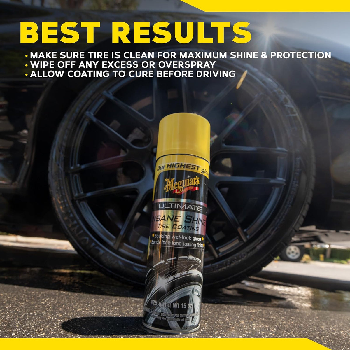 Meguiar's G190315 Ultimate Insane Shine Tire Coating, gives a Finish that Creates a Lasting Wet-Look for a Classic Black Shine, Easy to Use, No Hassle, No Mess, Ultimate Protection, 15 Oz Aerosol Can