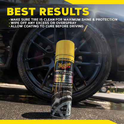 Meguiar's G190315 Ultimate Insane Shine Tire Coating, gives a Finish that Creates a Lasting Wet-Look for a Classic Black Shine, Easy to Use, No Hassle, No Mess, Ultimate Protection, 15 Oz Aerosol Can