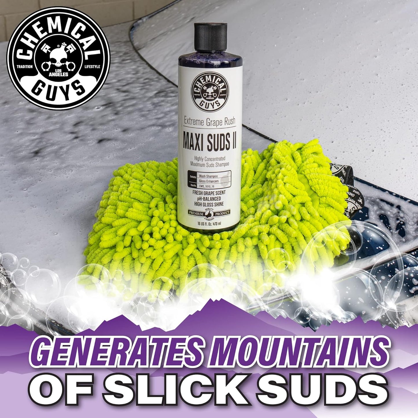 Chemical Guys CWS/1010/64 Maxi-Suds II Foaming Car Wash Soap (Works with Foam Cannons, Foam Guns or Bucket Washes) Safe for Cars, Trucks, Motorcycles, RVs & More, 64 fl. Oz (Half Gallon), Grape Scent
