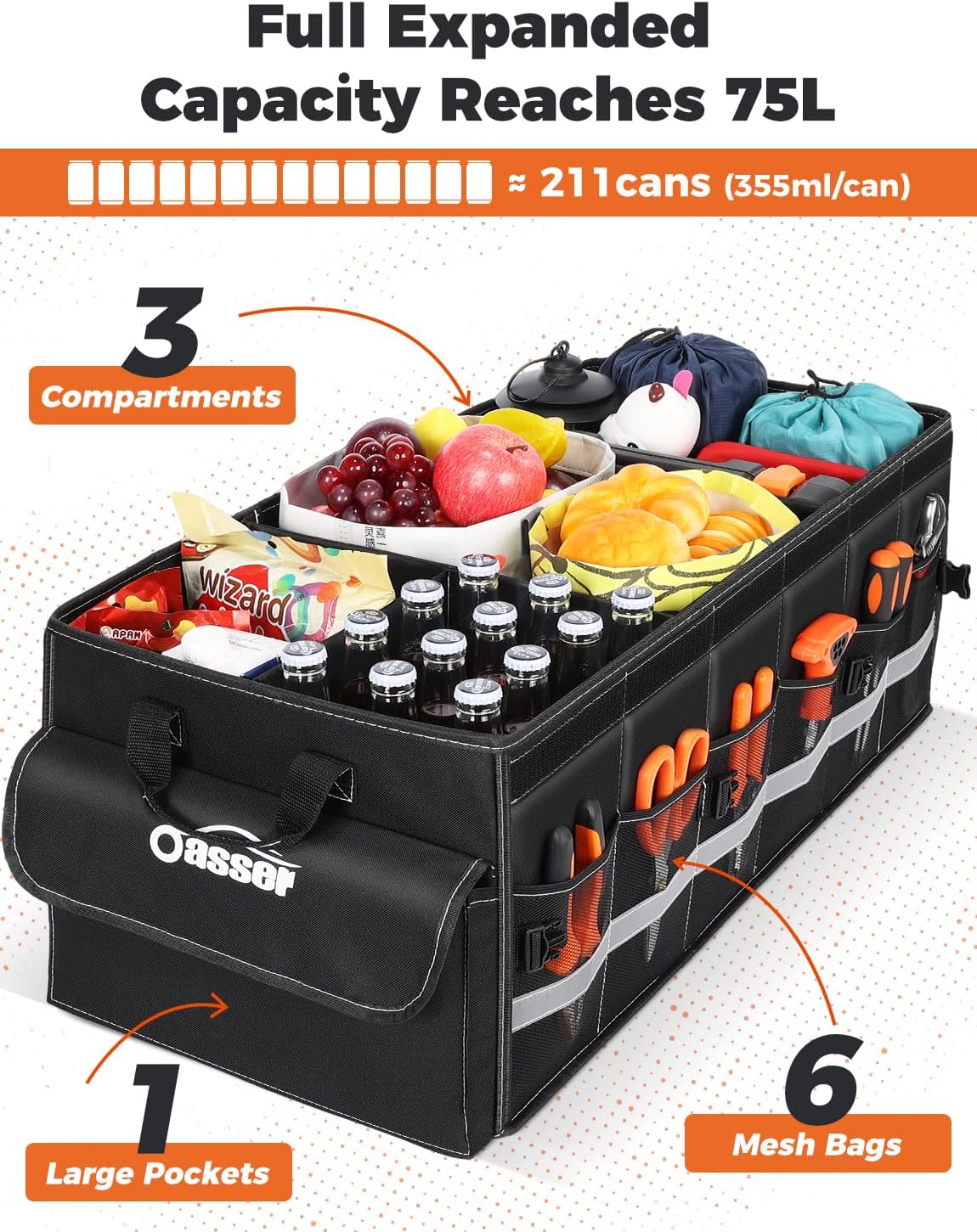 Oasser Car Trunk Organizer, 3 Compartments Collapsible Waterproof Car Organizer Storage with Foldable Cover, Reflective Strip, Non-Slip Bottom, 4 Mesh Pockets for SUV/Truck/Sedan/Camping/Road Trip
