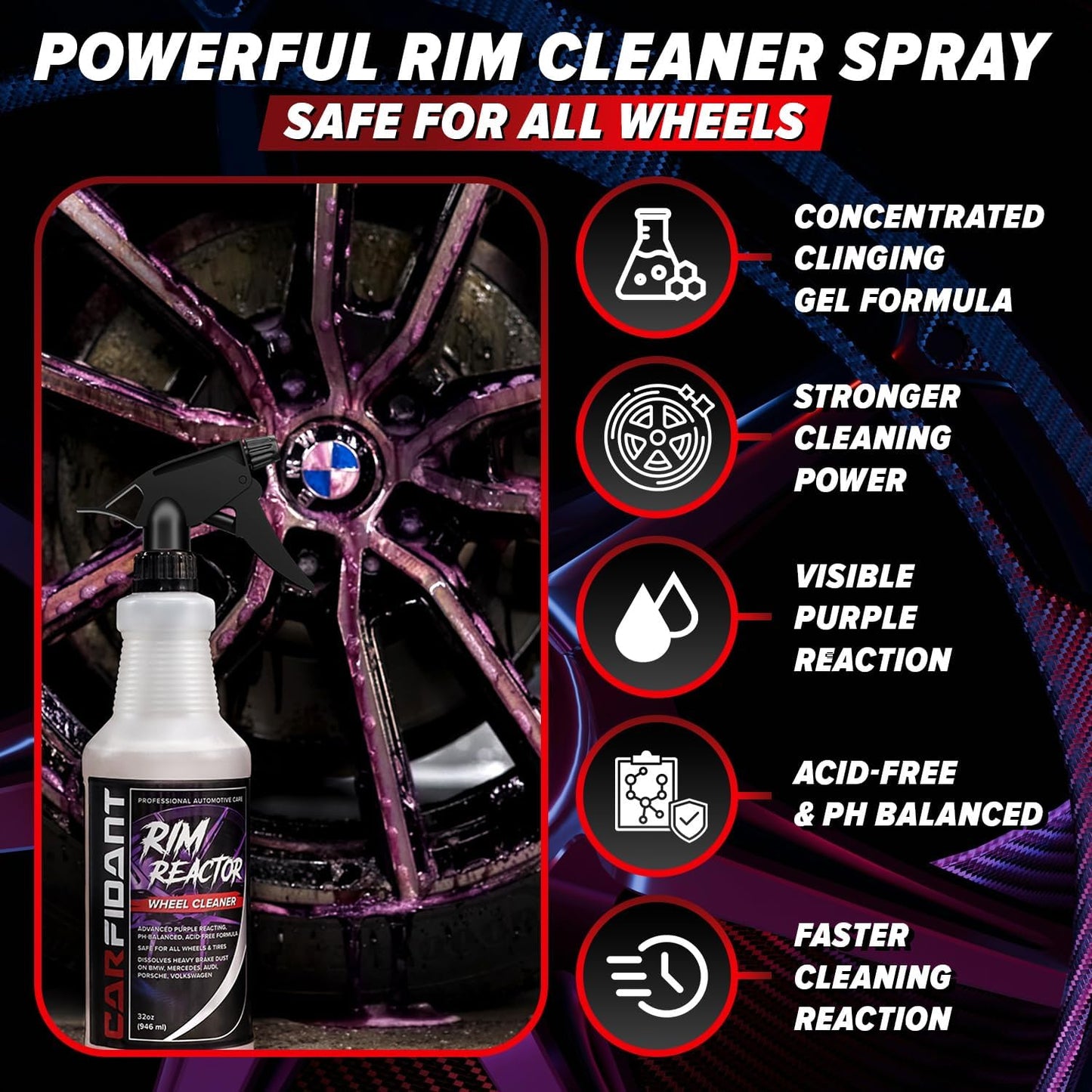 Carfidant Rim Reactor Wheel & Rim Cleaner Spray – Removes Brake Dust & Grime - Thick Gel, Dilutable - pH Neutral, Non-Acidic Tire Cleaner - Safe for Chrome, Black, Painted & Alloy Wheels - 16 fl oz