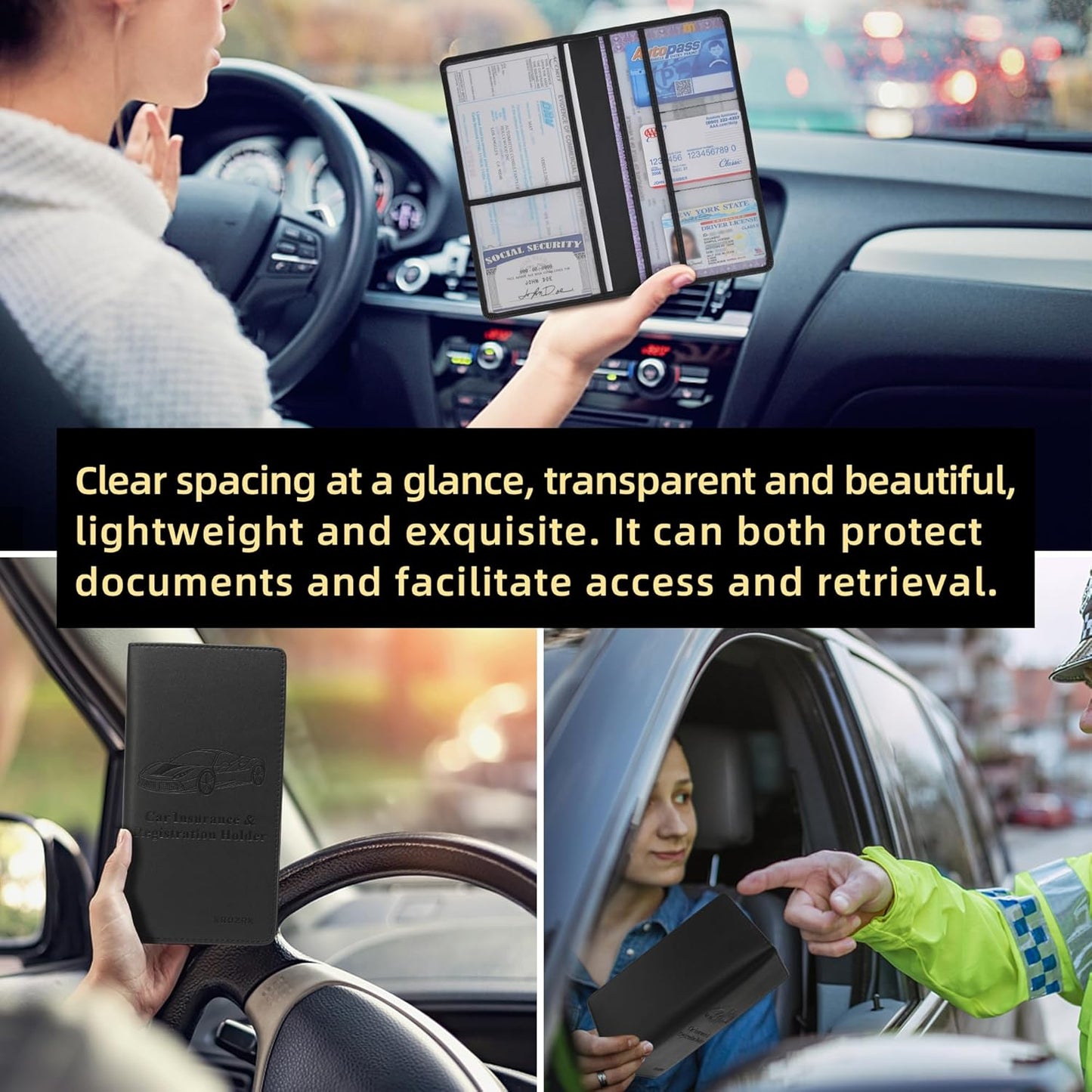 Premium Car Registration & Insurance Card Holder with Magnetic Closure & Clear Pockets, Glove Box Organizer for Documents, Driver's License (Reticulated black)
