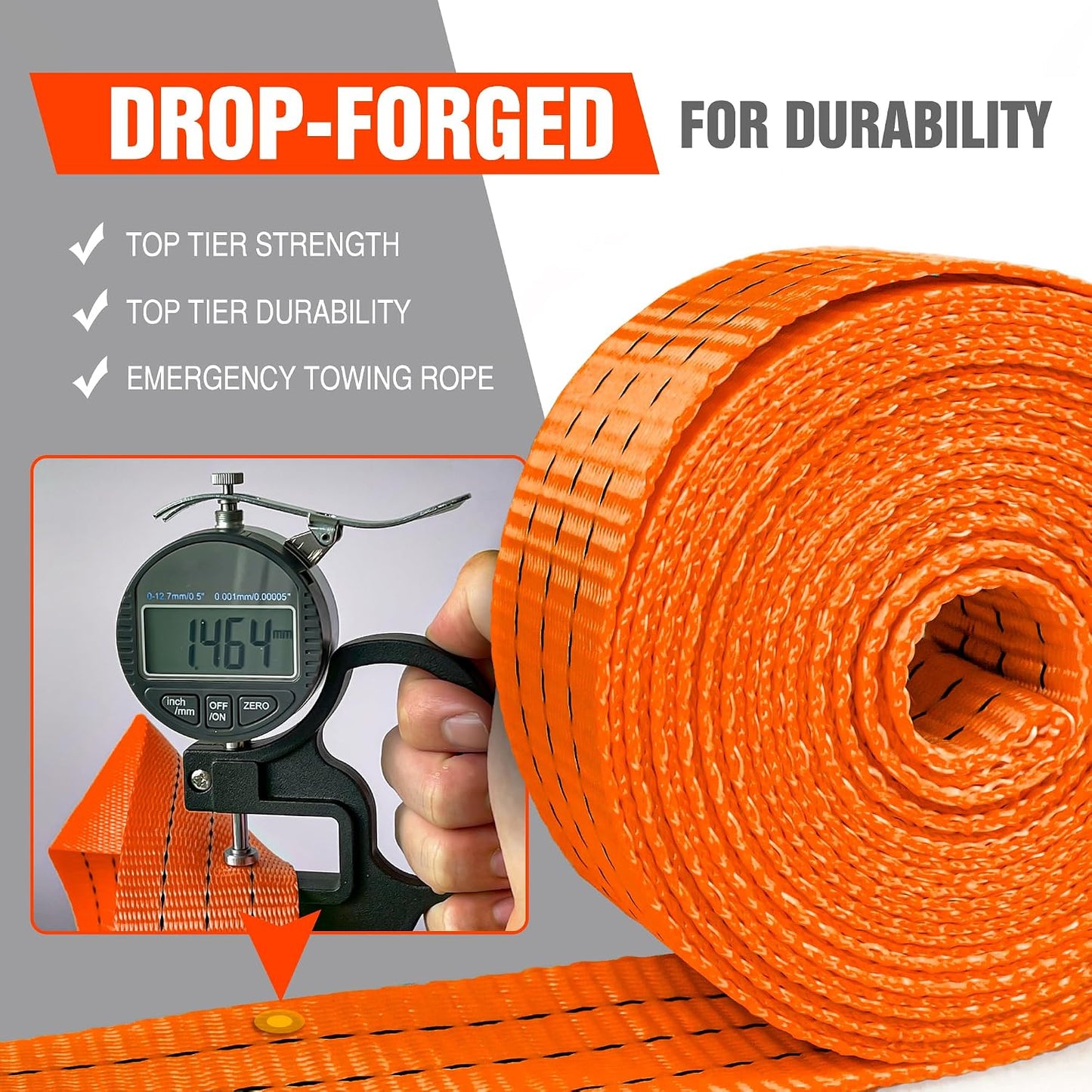 Tow Strap with Hooks 2”x20’ 15,000 LBS, Tow Rope Metal Safety Hooks, Car Heavy Duty Recovery Rope for Trailers, Securing Items, and Farm Cleaning