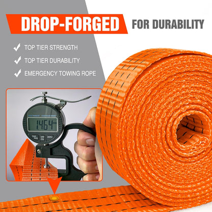 Tow Strap with Hooks 2”x20’ 15,000 LBS, Tow Rope Metal Safety Hooks, Car Heavy Duty Recovery Rope for Trailers, Securing Items, and Farm Cleaning
