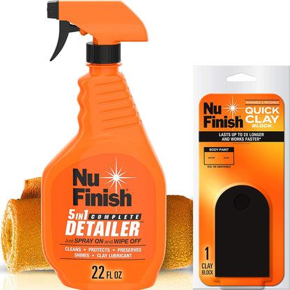 5-in-1 Complete Detailer Spray with Towel by Nu Finish, Preserves and Protects Car Detailing, Includes 1 Microfiber Towel, 22 Oz Spray