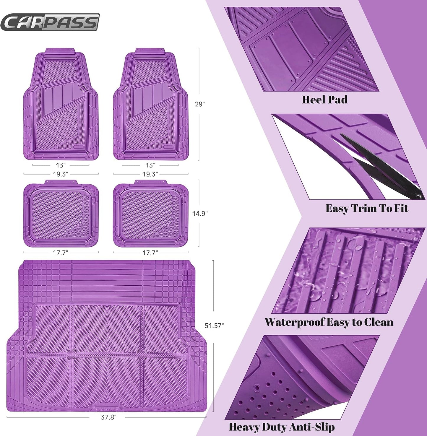 CAR PASS Heavy Duty Rubber Floor Mats 4-Piece,Pink Car Mats Full Sets Anti-Slip,Waterproof Universal Trim-to-Fit for Car SUV Truck, Durable All Weather Automotive Car Mats for Women,Girly(All Pink)
