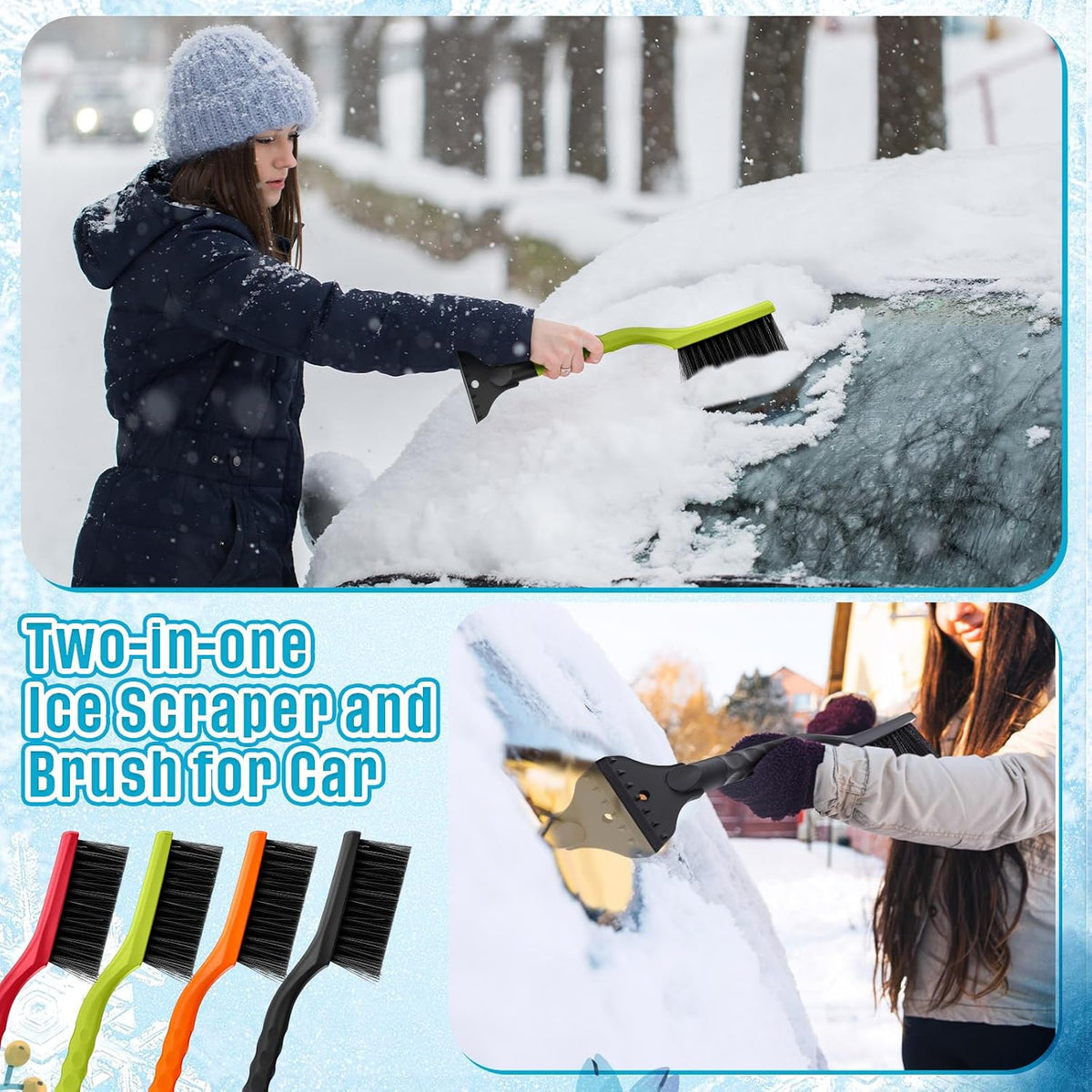 Uiifan 12 Pcs 16 Inch Winter Car Snow Brush Set Ice Scraper and Snow Brush for Car Windshield, Soft Bristle Head, 2 in 1 Winter Removal Tool for SUV and Truck Multi Functional Accessories Gift