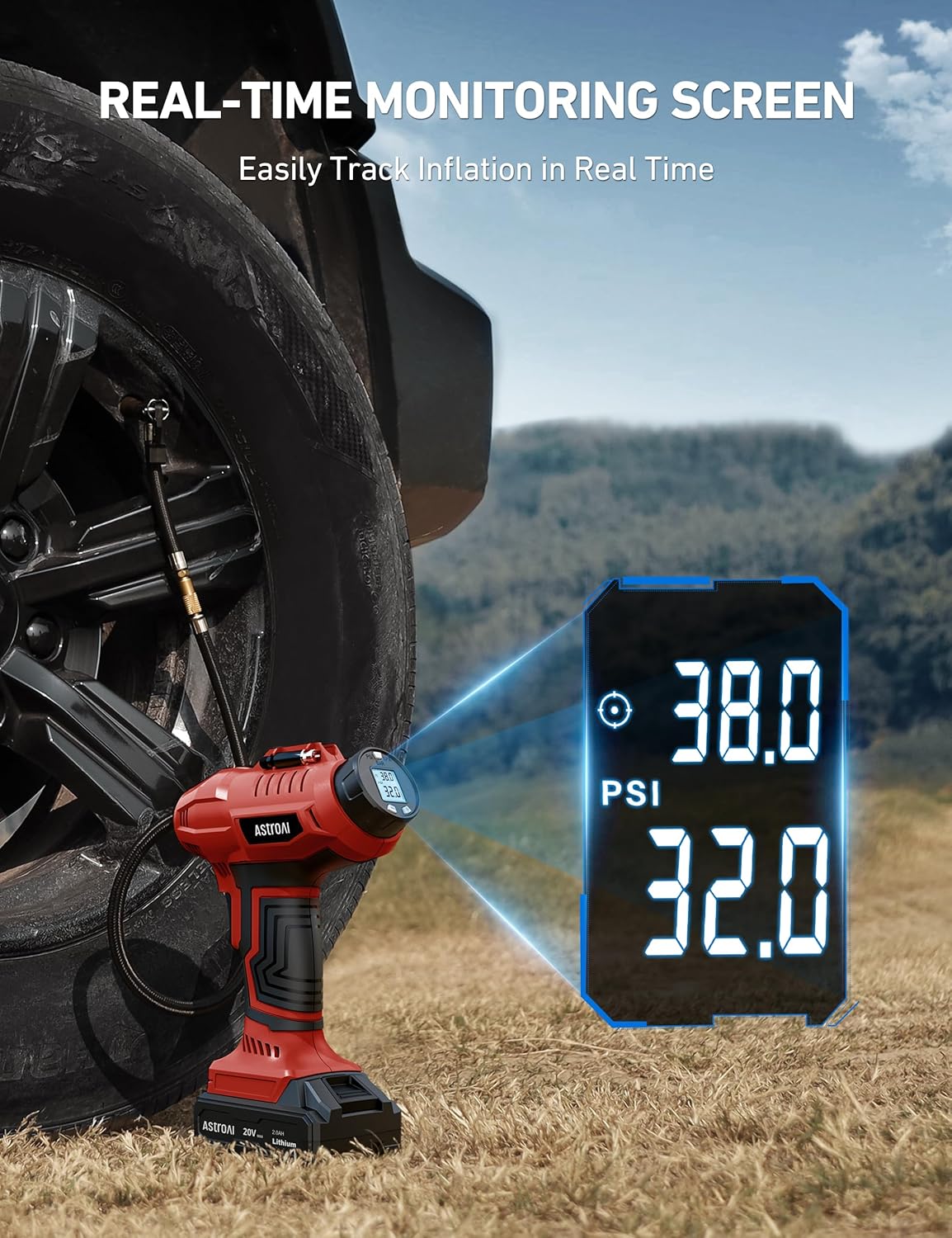 AstroAI Cordless Tire Inflator Portable Air Compressor Fast Inflation 160 PSI Air Pump 20V Rechargeable Battery Powered with 12V DC Adapter Digital Pressure Gauge for Cars Motorcycles Bikes Yellow