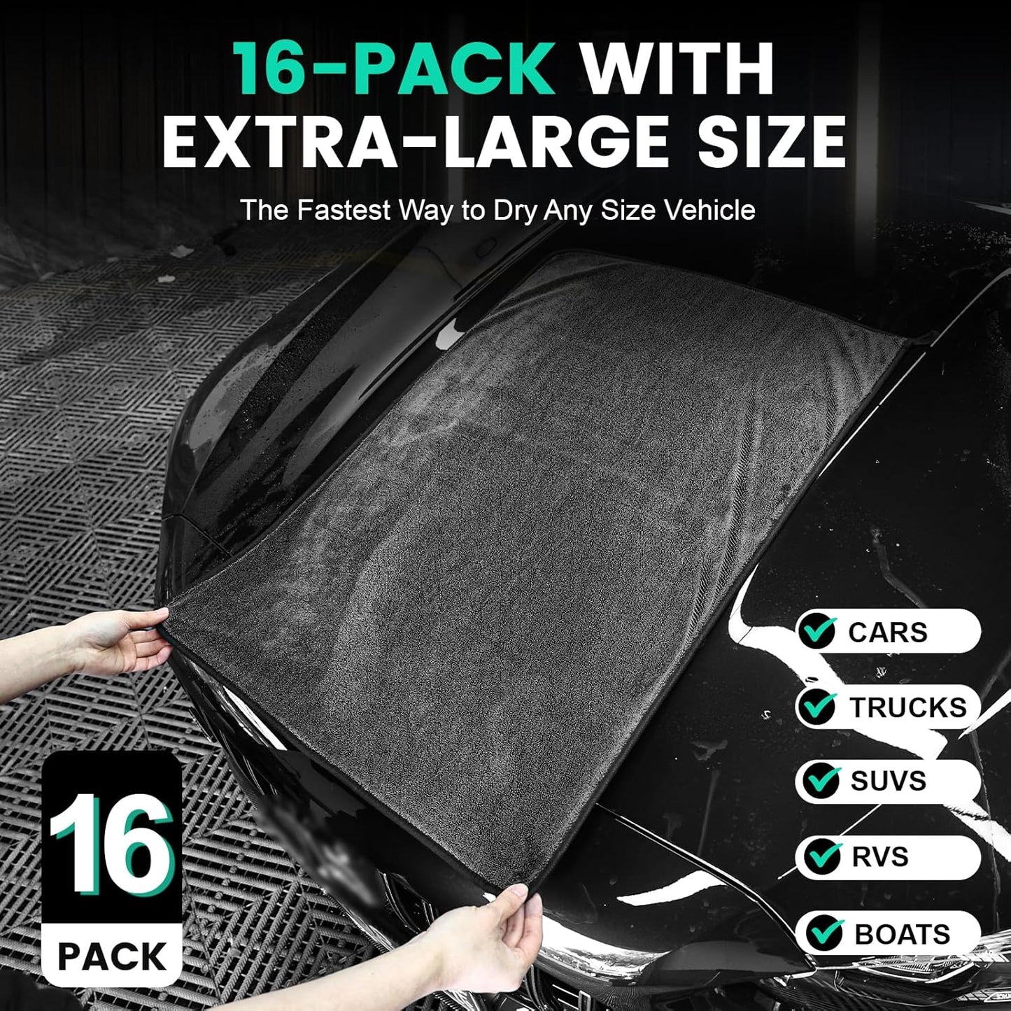 TEAWOO 3-Pack Microfiber Towels for Cars (24" x 35"), Extra Large Super Absorbent Car Drying Towel, Drying Towel for Car & Trucks, Car Towels Drying with No Streaks & Scratches
