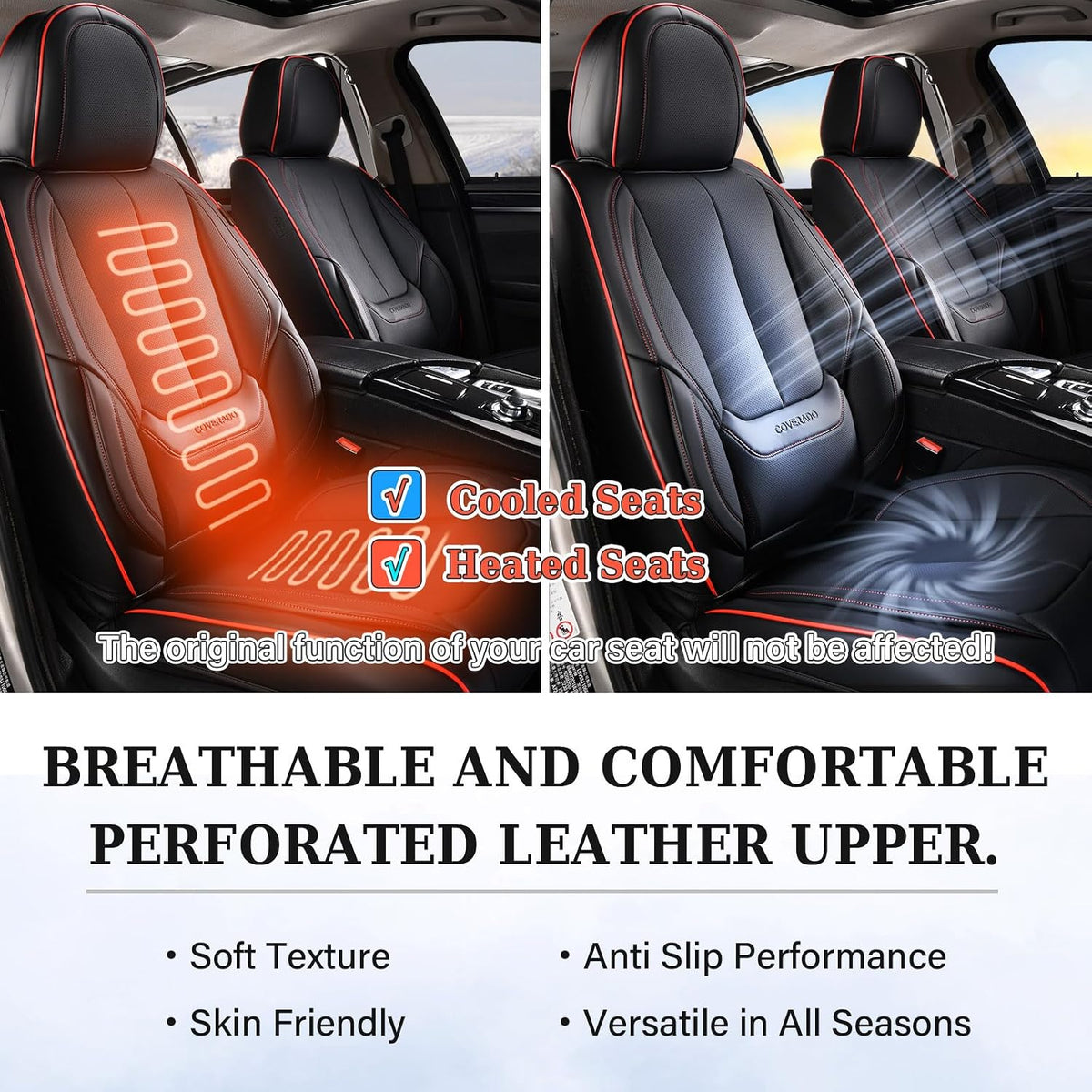 Coverado Seat Covers Full Set, Black Seat Covers for Cars 5 Seats, Car Seat Protector, Waterproof Nappa Leather Car Seat Cushion, Front and Rear Car Seat Cover Fit for Most Sedans SUV Pick-up Truck - Colors A