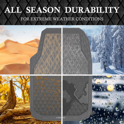 CAR PASS Black Rubber Car Mats, All-Weather Floor Mats Full Set Durable Anti-Slip 3D Rhombus Waterproof Automotive Pad Trim to Fit Liner Universal Fit for Sedan SUV Truck Van, 4 Pcs All Black Rubber