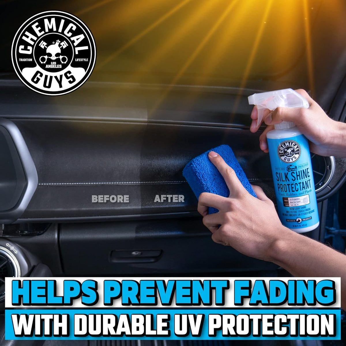Chemical Guys Silk Shine Tire and Trim Dressing and Protectant – Non-Greasy Vinyl, Plastic & Rubber Spray, Plastic Restorer for Cars – Restores Shine for Cars, Trucks, Motorcycles, RVs, 16 fl oz