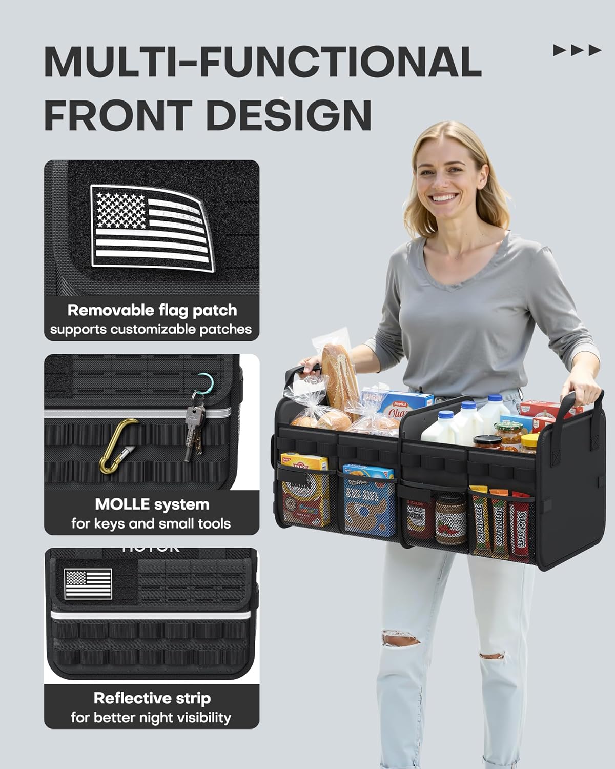 HOTOR Tactical Car Trunk Organizer - Foldable Trunk Organizer for SUV with Front MOLLE Pocket & Reflective Strips, Essential Car Accessories for Tools & Outdoor Storage, 12.8" x 21.7" x 11.0", Black