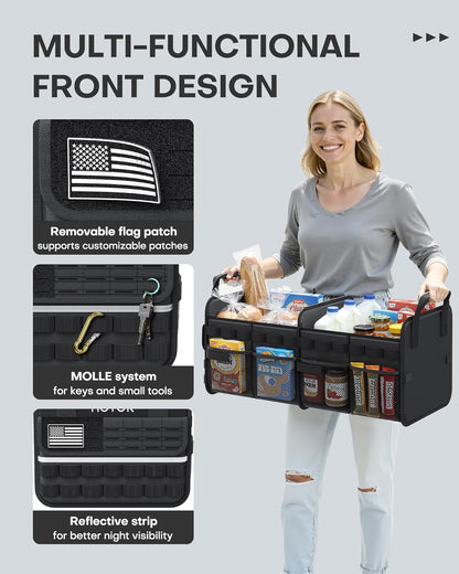 HOTOR Tactical Car Trunk Organizer - Foldable Trunk Organizer for SUV with Front MOLLE Pocket & Reflective Strips, Essential Car Accessories for Tools & Outdoor Storage, 12.8" x 21.7" x 11.0", Black