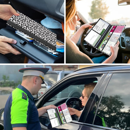 Car Registration and Insurance Holder, with Magnetic Closure for License, Cards and Documents, All Vehicle Needs and Car Accessories (Leopard-Black)