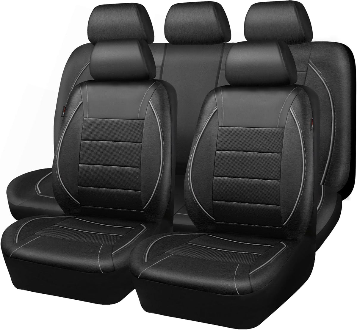 CAR PASS Universal FIT Piping Leather Two Front Seat Covers, Waterproof Faux Leather for SUV Sedan Van Truck, Airbag Compatible,Reserved Opening Holes for Headrest Covers. (Black red)