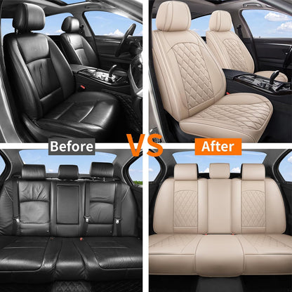 Car Seat Covers Full Set, Pink Leather Seat Covers for Car 5 Seats, Waterproof Car Seat Protector Front Seats Back Seat Cover, Automotive Carseat Cover Universal Fit for Most Cars SUV