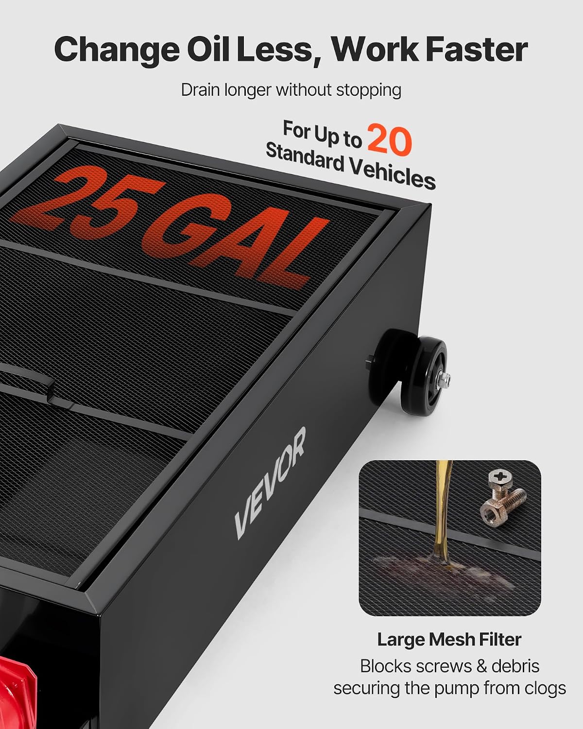 VEVOR Low Profile Oil Drain Pan, 20 Gallon Capacity, Rolling Oil Drain Pan with Manual Pump, 7.2 ft Hose & T Folding Handle, Leak-Proof & Corrosion-Resistant, Fit for Cars, SUVs, Trucks, ATVs, Red