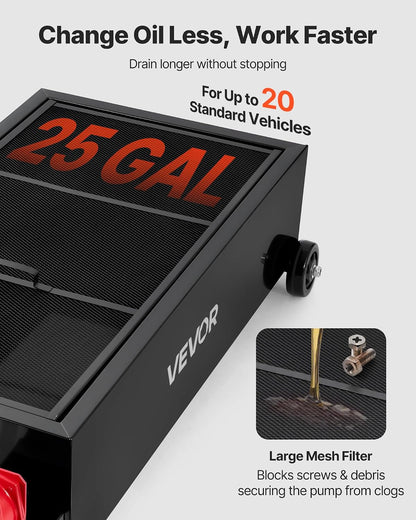 VEVOR Low Profile Oil Drain Pan, 20 Gallon Capacity, Rolling Oil Drain Pan with Manual Pump, 7.2 ft Hose & T Folding Handle, Leak-Proof & Corrosion-Resistant, Fit for Cars, SUVs, Trucks, ATVs, Red
